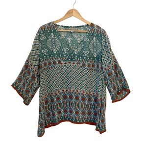 World Market Boho Gauze Tunic Top Womens S/M Ikat Resort Beach Lightweight Teal